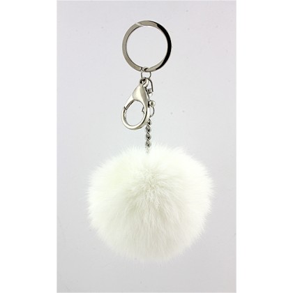 Key Chain - 12 PCS - Rabbit Fur Pom Pom - White - KC-YQ001WT